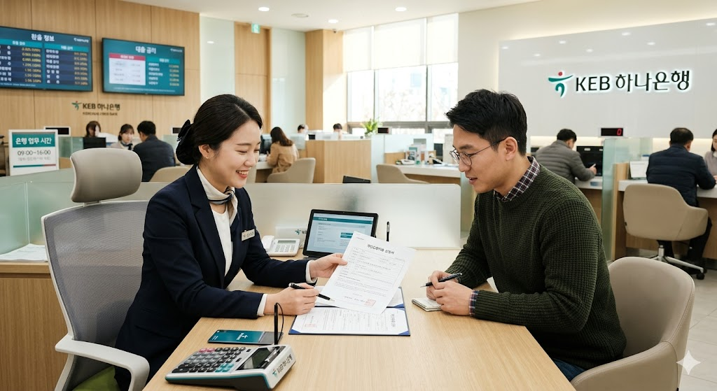 은행 창구에서 상담 직원과 30대 청년이 마주 앉아 서류를 함께 확인하고 있는 모습. 밝고 깔끔한 은행 내부 분위기