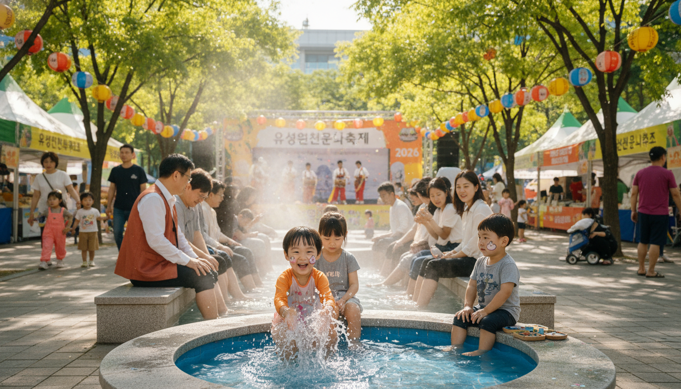 2026년 대전 유성온천문화축제에서 온천 족욕을 즐기고 다양한 체험 활동에 참여하는 행복한 가족들의 모습.