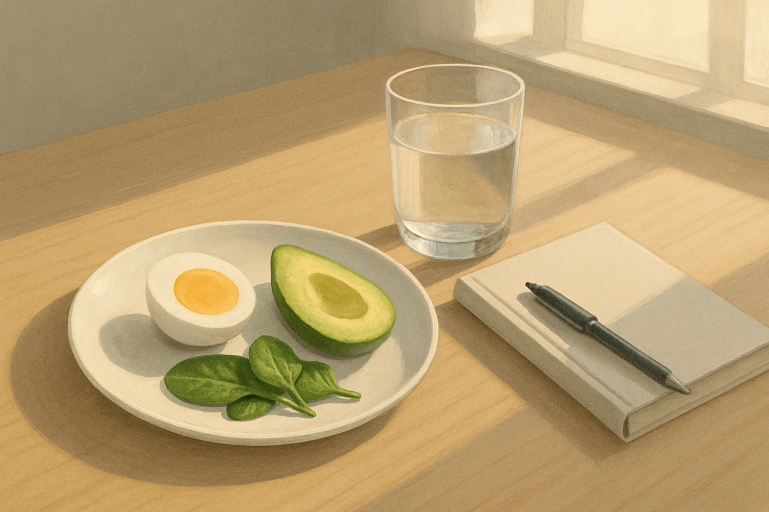 단촐한 건강 식단과 물 한잔 그리고 노트와 펜 일러스트