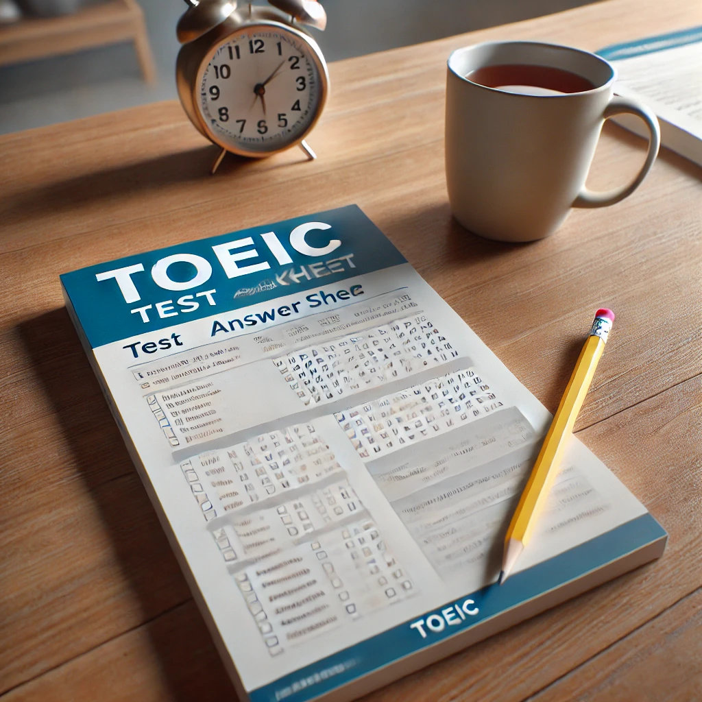 나무 책상 위에 놓인 토익 시험지와 답안지, 연필이 함께 배치된 모습