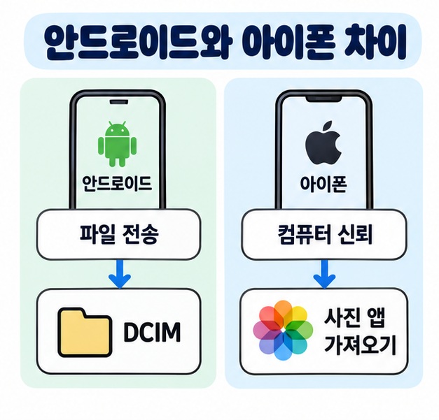 안드로이드는 파일 전송과 DCIM 폴더, 아이폰은 컴퓨터 신뢰 허용과 사진 앱 가져오기를 사용하는 방법을 정리한 카드