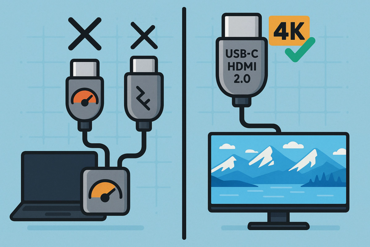 충전 전용 USB-C 케이블과 영상 출력이 가능한 USB-C to HDMI 2.0 케이블의 기능 비교 이미지