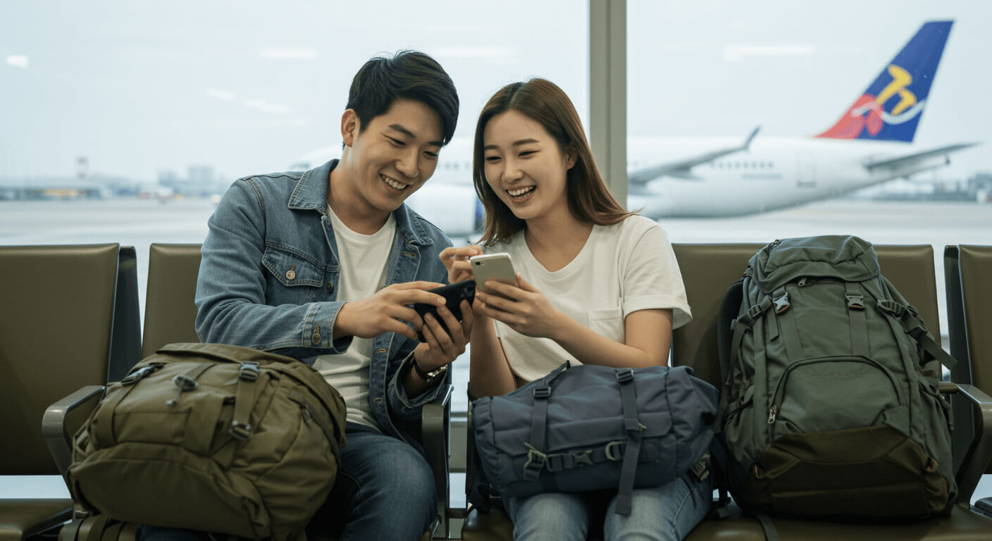 해외 여행을 준비 중인 커플 사진