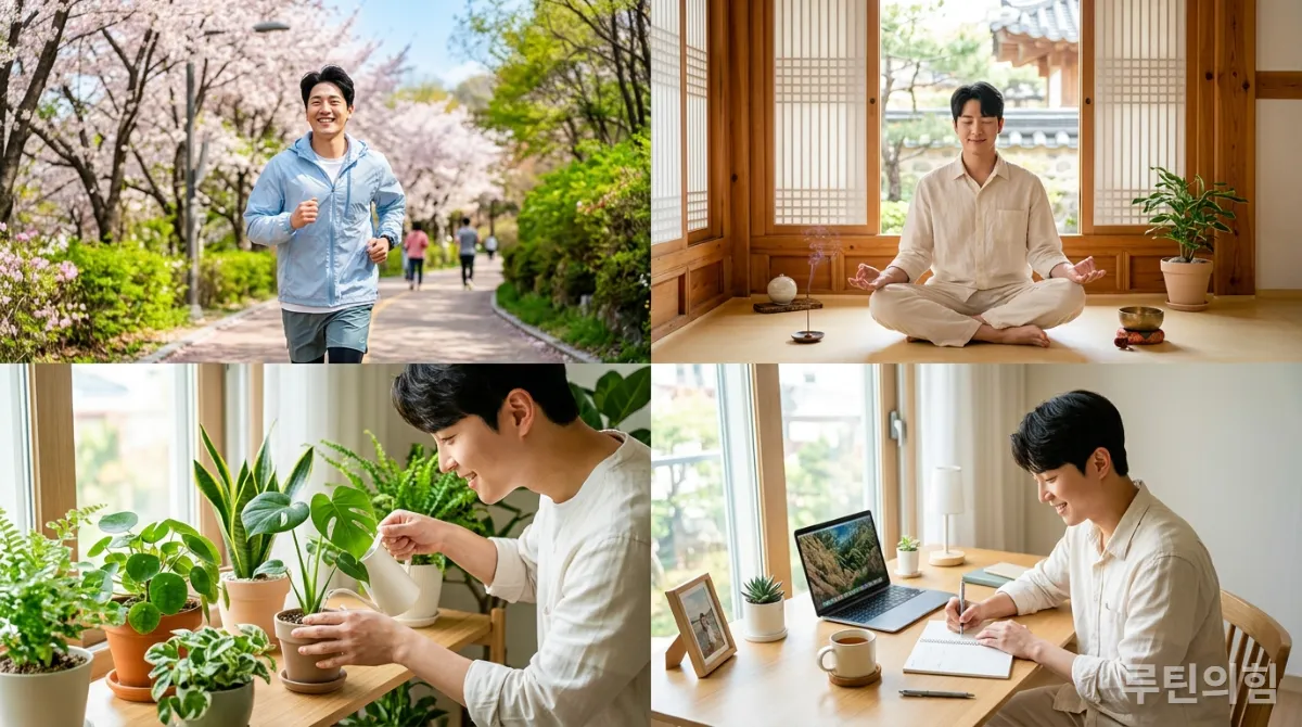 한국인이 공원에서 조깅하고 명상하며 번아웃을 극복하는 다양한 회복 전략을 시각화한 이미지