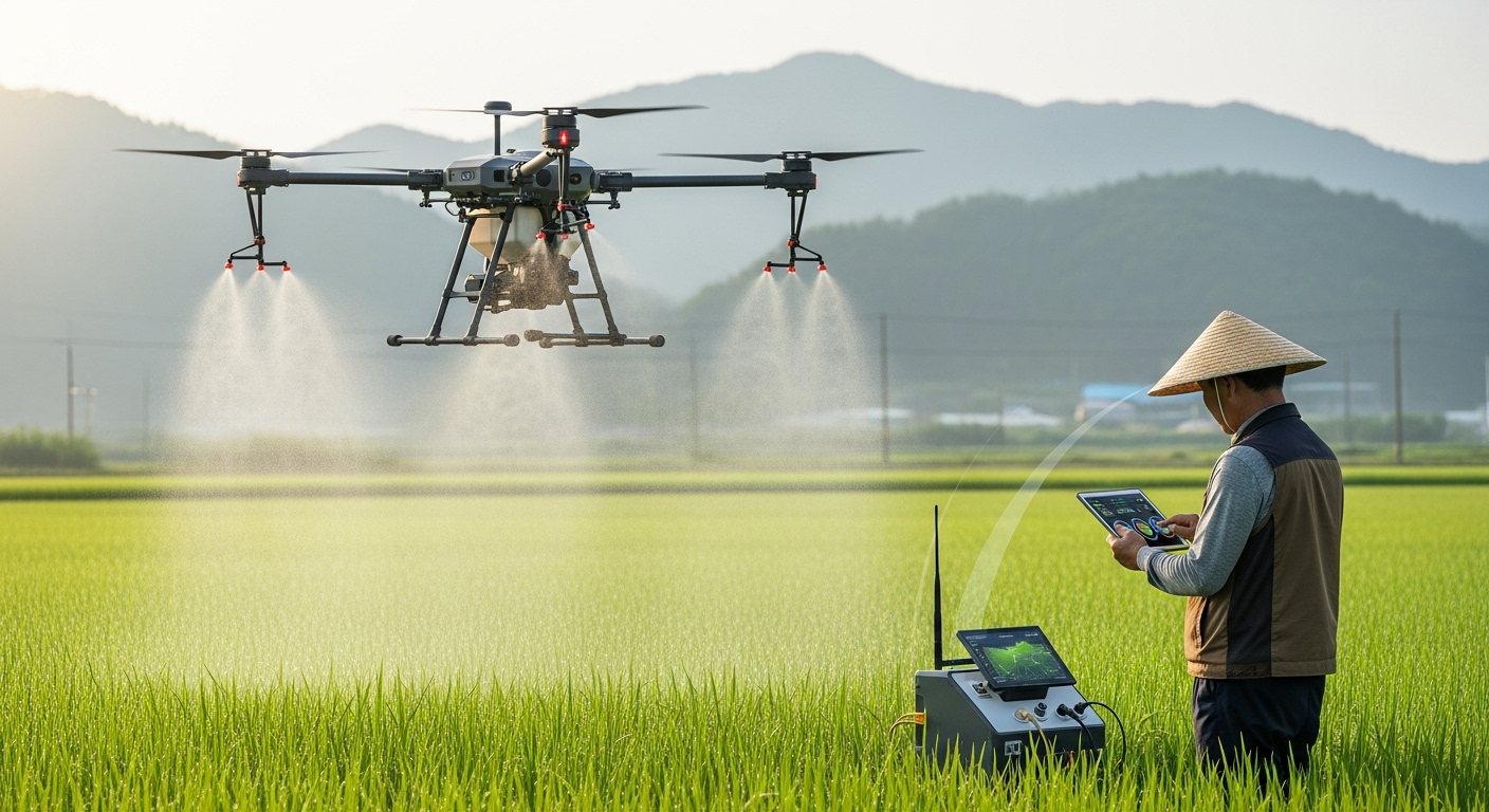 drone-based AI agricultural drone flying over a rice field