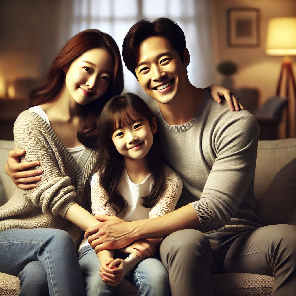 아늑한 거실에서 딸이 부모와 함께 소파에 앉아 포옹하며 무조건적인 사랑을 느끼는 가족