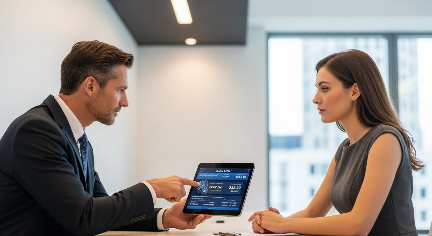 대출 한도 정보가 표시된 태블릿을 보며 상담하는 남녀