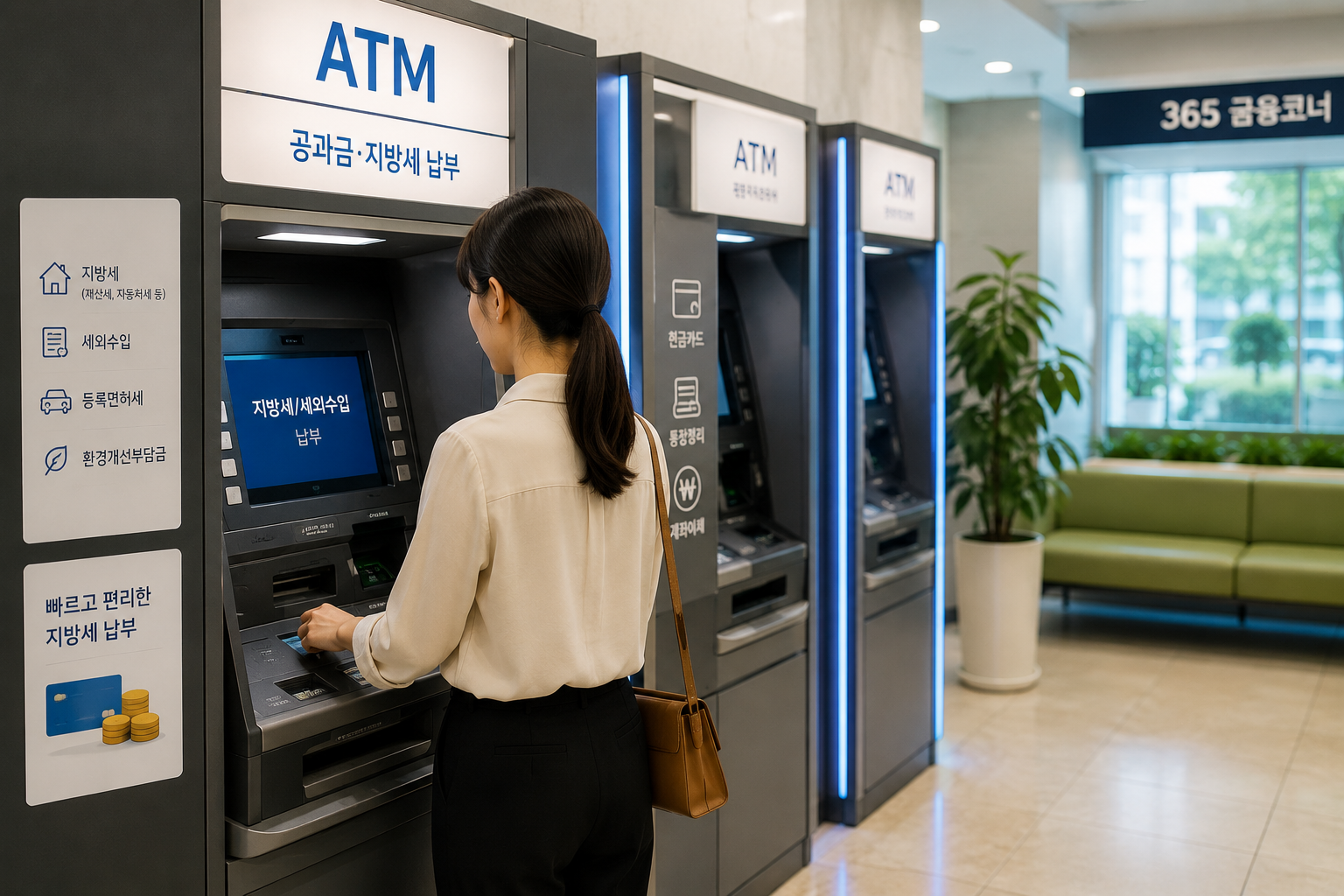 현대적인 은행 ATM 코너와 여성 이용자