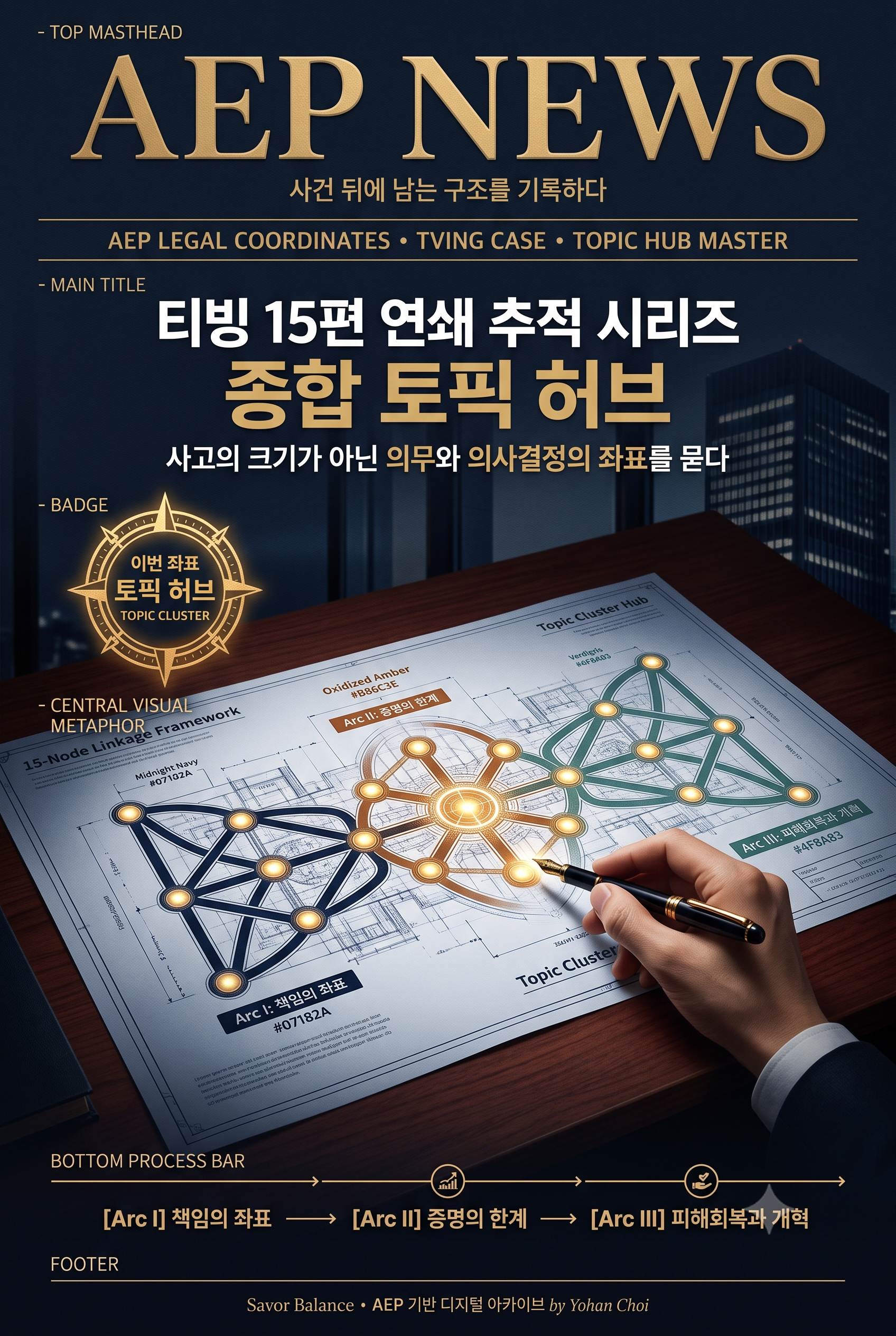 AEP NEWS Topic Cluster Hub cover for TVING 15-part investigation series titled TVING 15-Part Investigation Series Master Topic Hub, showing a 15-node blueprint network across Arc I, II, and III on a dark mahogany desk.