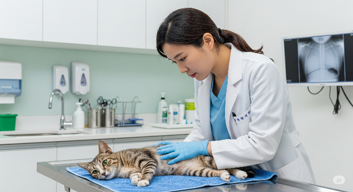 동물병원에서 유기묘의 건강 상태를 꼼꼼히 진찰하는 수의사