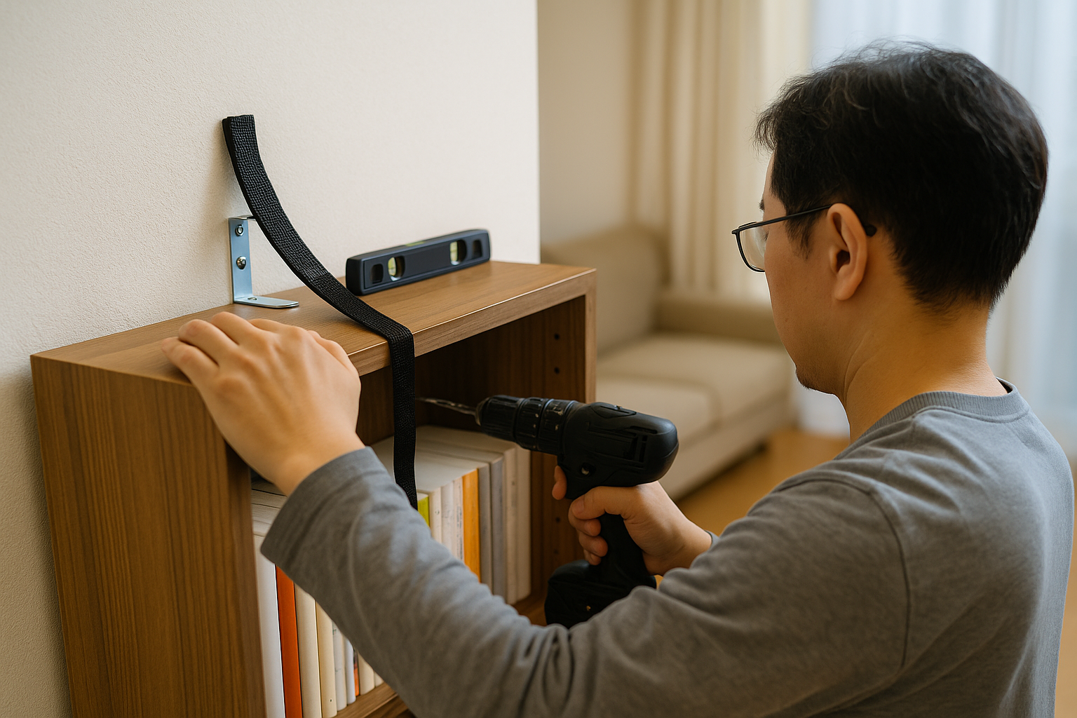 지진 대비를 위해 책장을 벽에 L브라켓과 스트랩으로 고정하는 모습