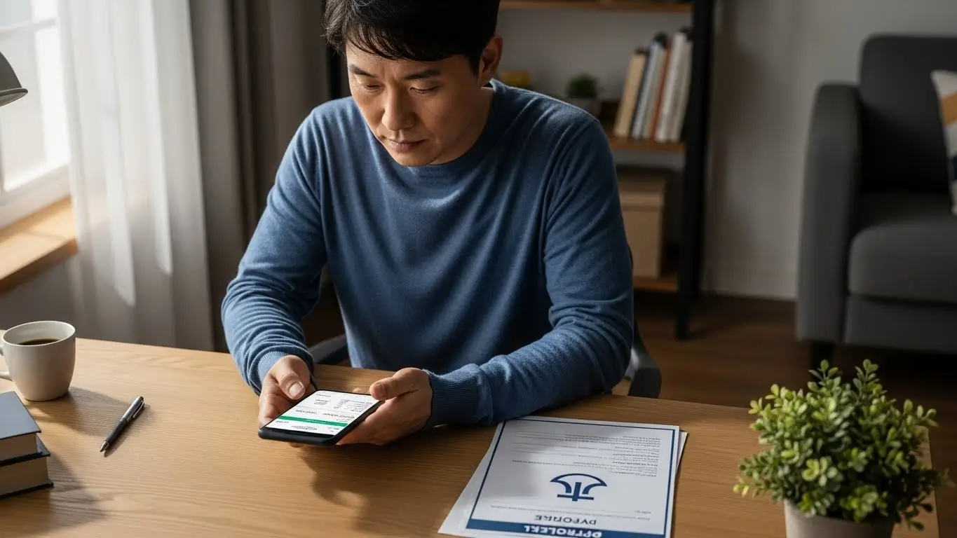 법원 인가 결정문을 받고 안도하지만 급전 문제로 고민하다가 승인율 높은 대출 리스트를 발견하는 희망적인 모습