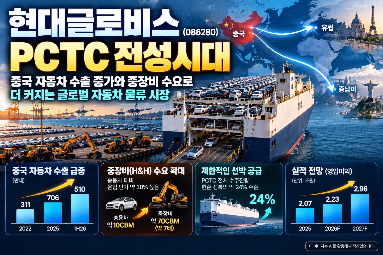 현대글로비스 PCTC 자동차운반선과 중국 자동차 수출·중장비 운송 확대에 따른 실적 성장 전망