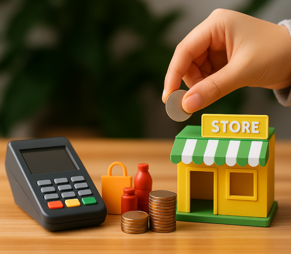 초록색 미니어처 상점 모형과 POS 계산기 옆에 놓인 모형상품이 있고, 동전 더미 옆으로 손이 동전을 쌓는 모습, 부가가치세 징수 구조를 상징하는 이미지