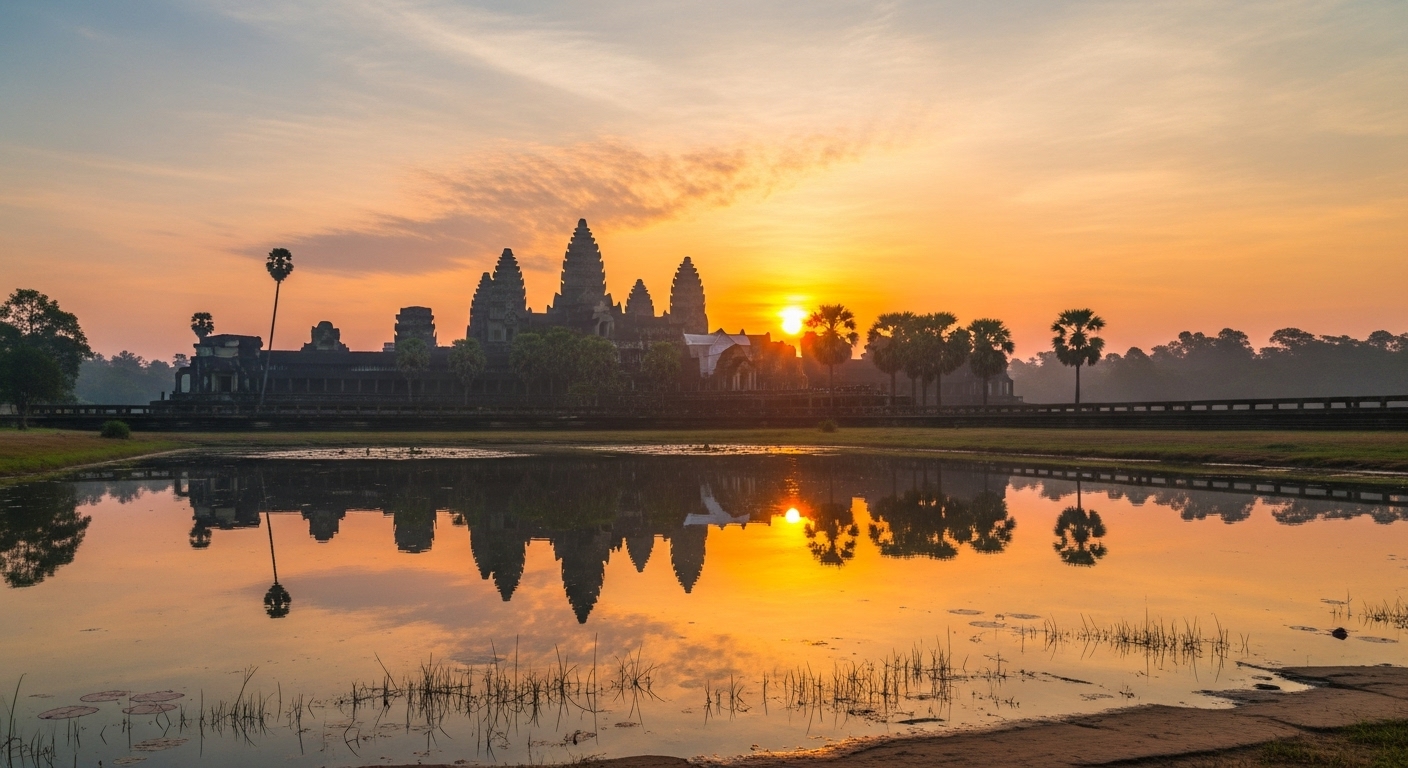 앙코르 와트 연못에 반영된 아름다운 일출 광경