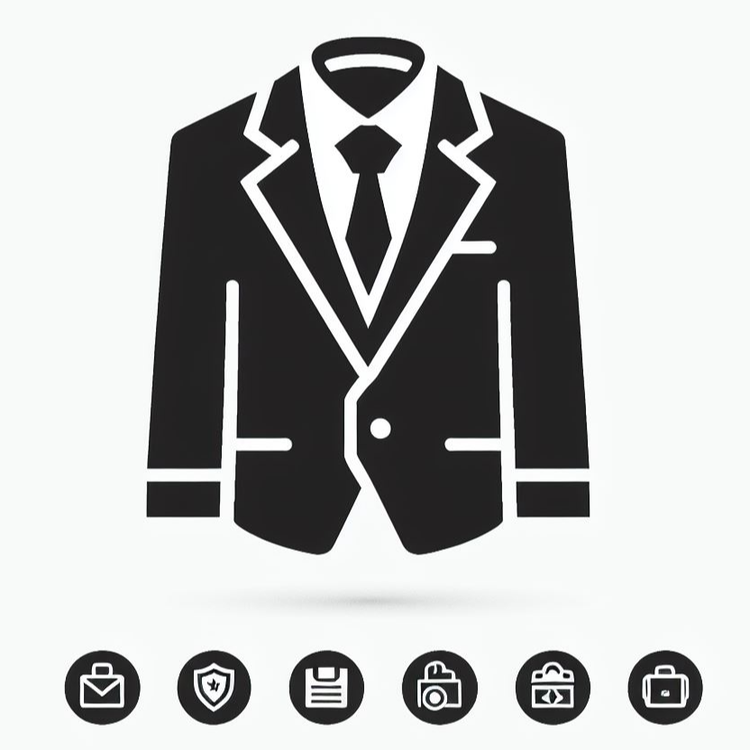 정장과 그 아래 비즈니스 아이콘들