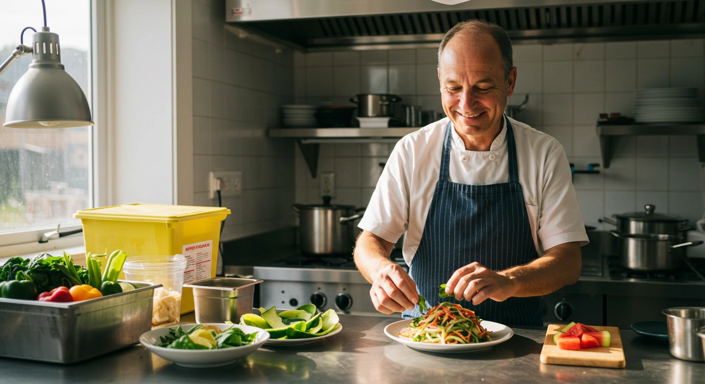 친근한 인상의 중년 남성이 햇살 좋은 주방에서 제로웨이스트 요리를 완성하며 뿌듯하게 미소 짓고 있다.