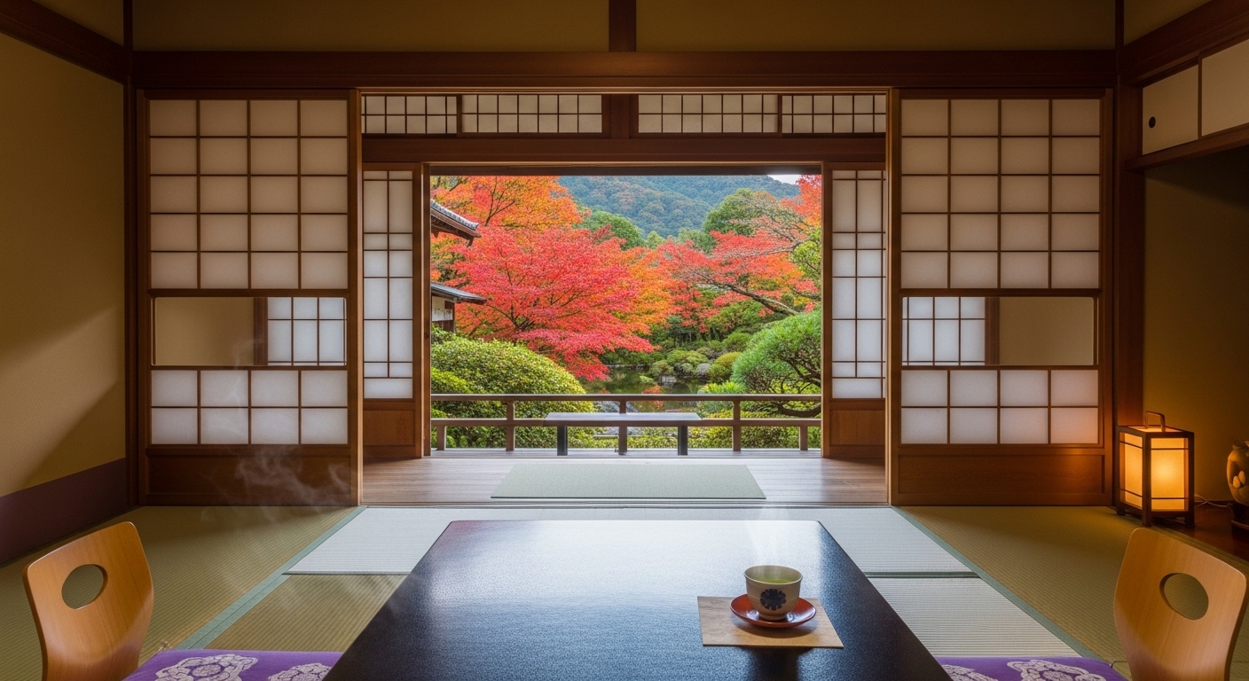 아라시야마 료칸의 다다미방에서 바라본 아름다운 가을 정원 풍경. 따뜻한 차 한 잔과 함께 평온한 휴식을 즐기는 모습.