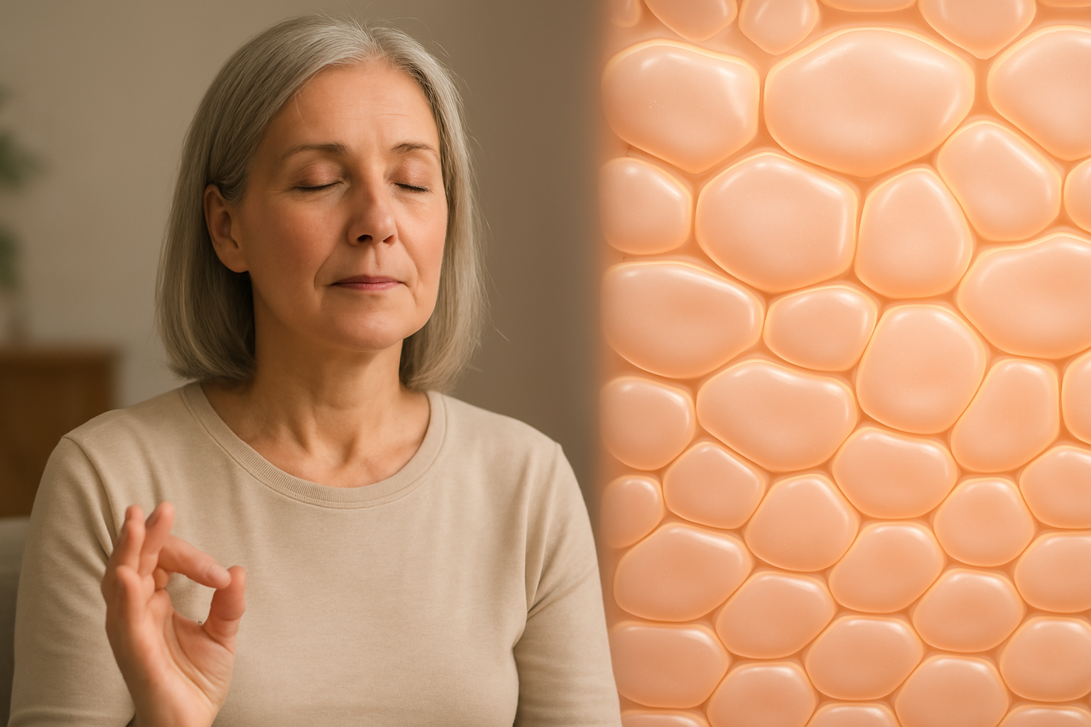 평온한 표정의 중년 여성이 명상하는 모습과 그 옆에 젊고 건강한 피부 세포를 나타내는 시각화 이미지