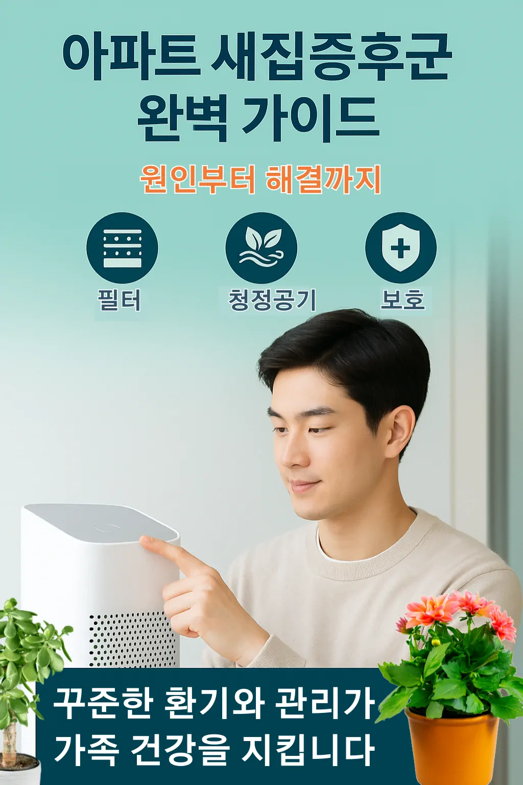 아파트 새집증후군 해결을 위해 20대 남성이 공기청정기를 켜는 모습 인포그래픽