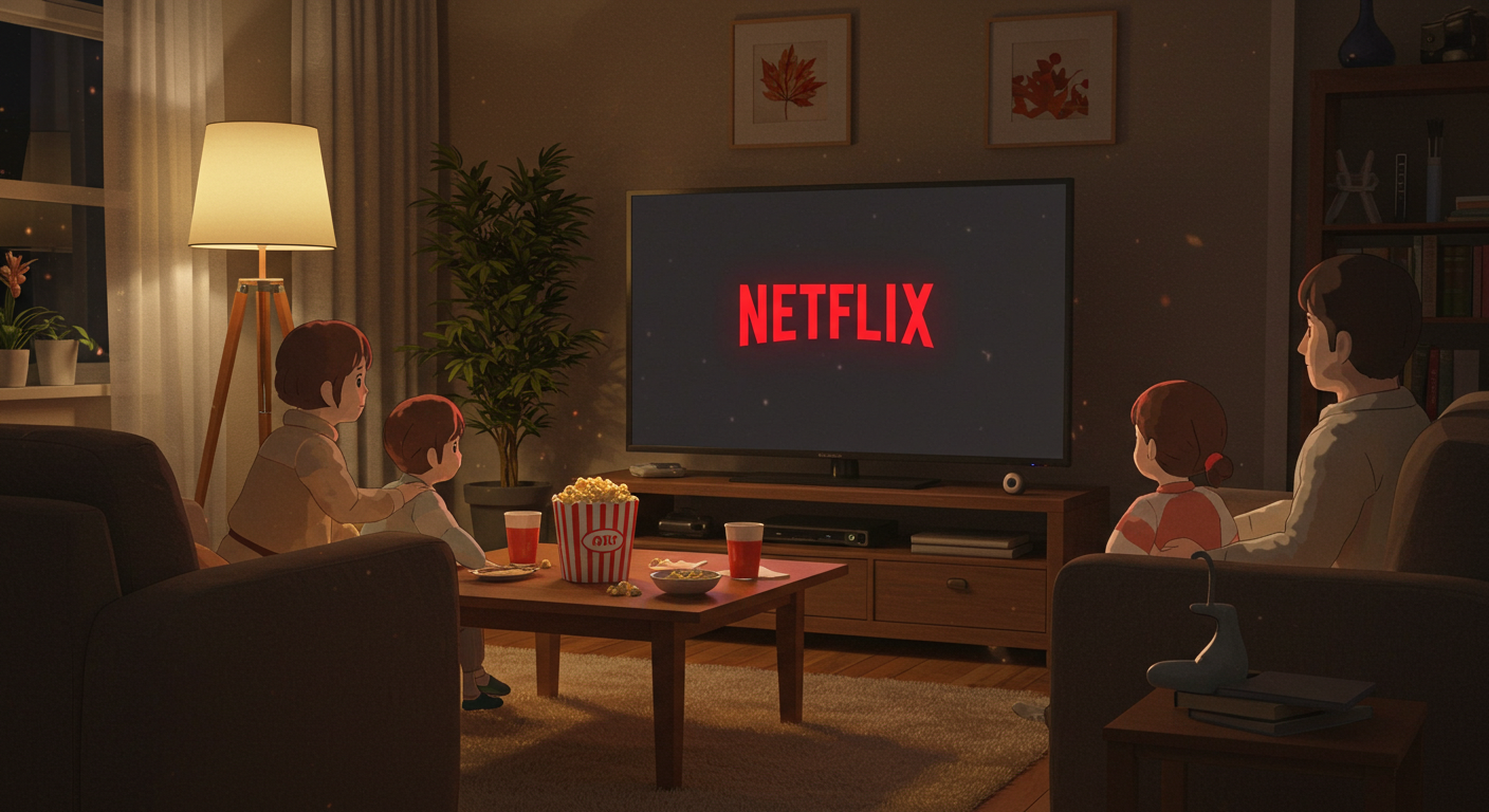 가족이 거실에서 넷플릭스를 함께 시청하는 따뜻한 장면