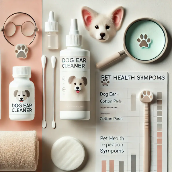 백색 배경 위에 반려견 귀 세정제, 솜, 증상 관찰 차트, 확대경이 정돈된 구성