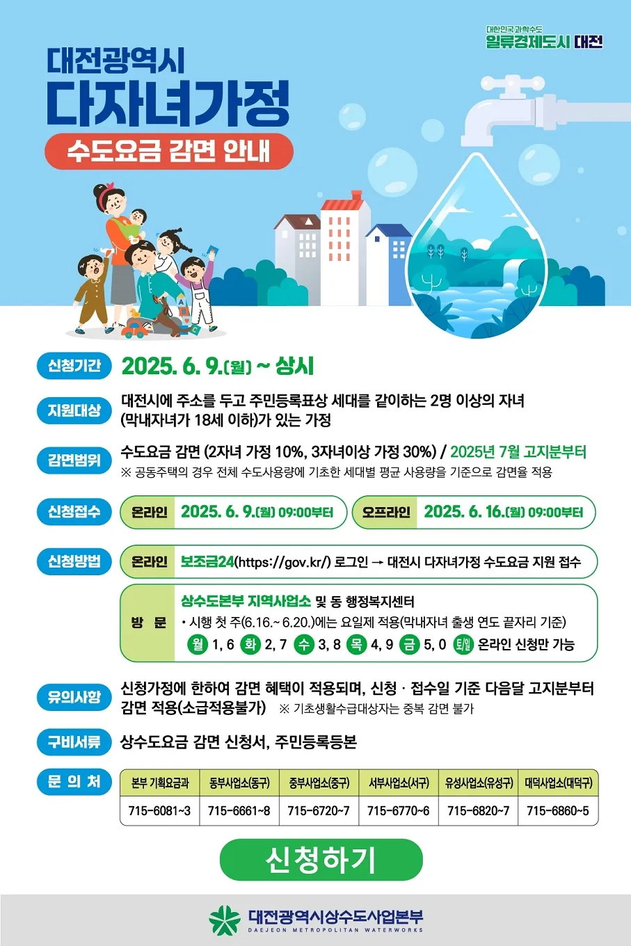 대전시-다자녀가정-수도요금-감면안내-홍보페이지-하늘색바탕-다자녀가족그림-수도꼭지가그려진