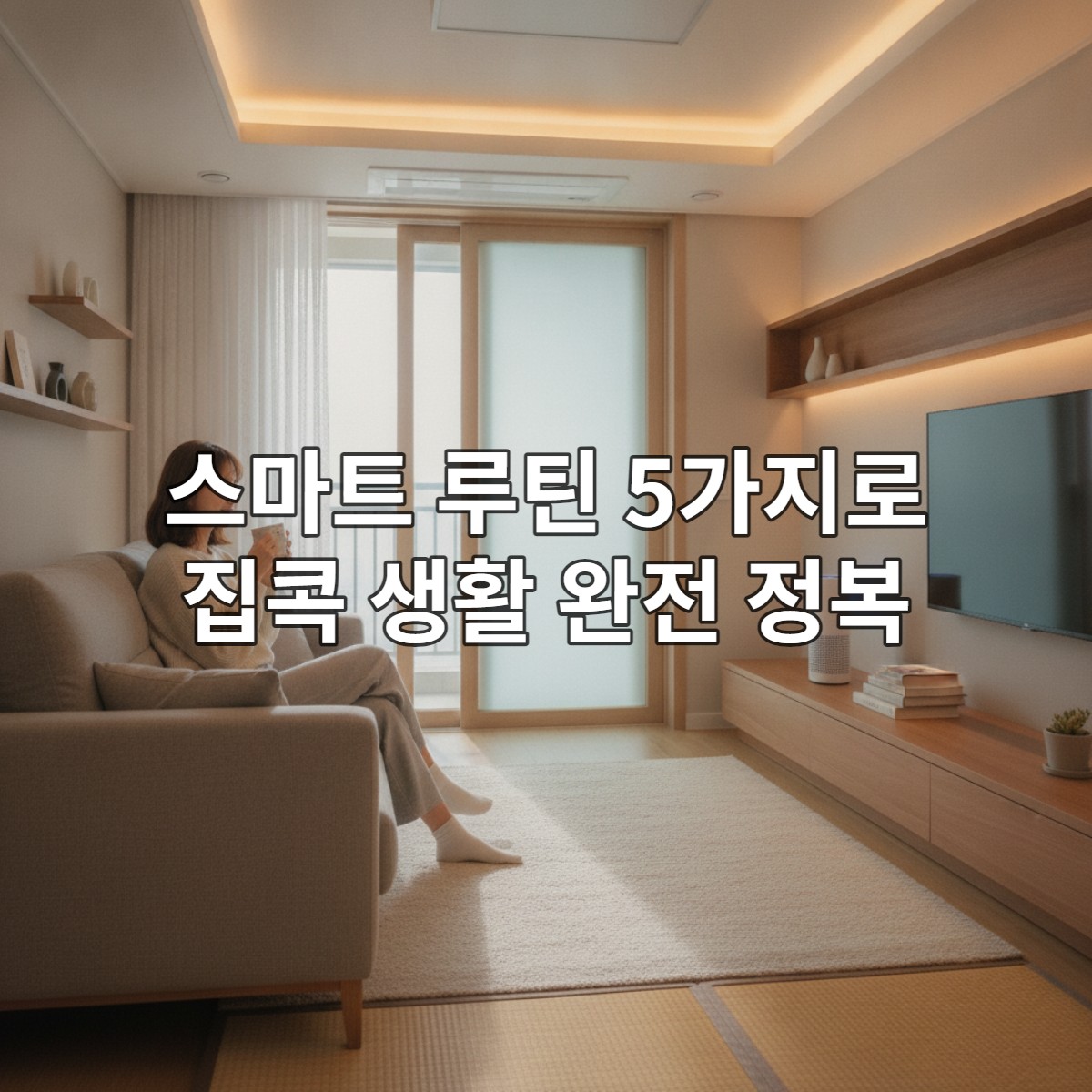 2026년, 스마트 조명과 커피 머신으로 상쾌한 아침을 시작하는 젊은 한국 여성의 모습. 현대적이고 아늑한 한국 아파트 거실에서 편안하게 휴식하는 장면.