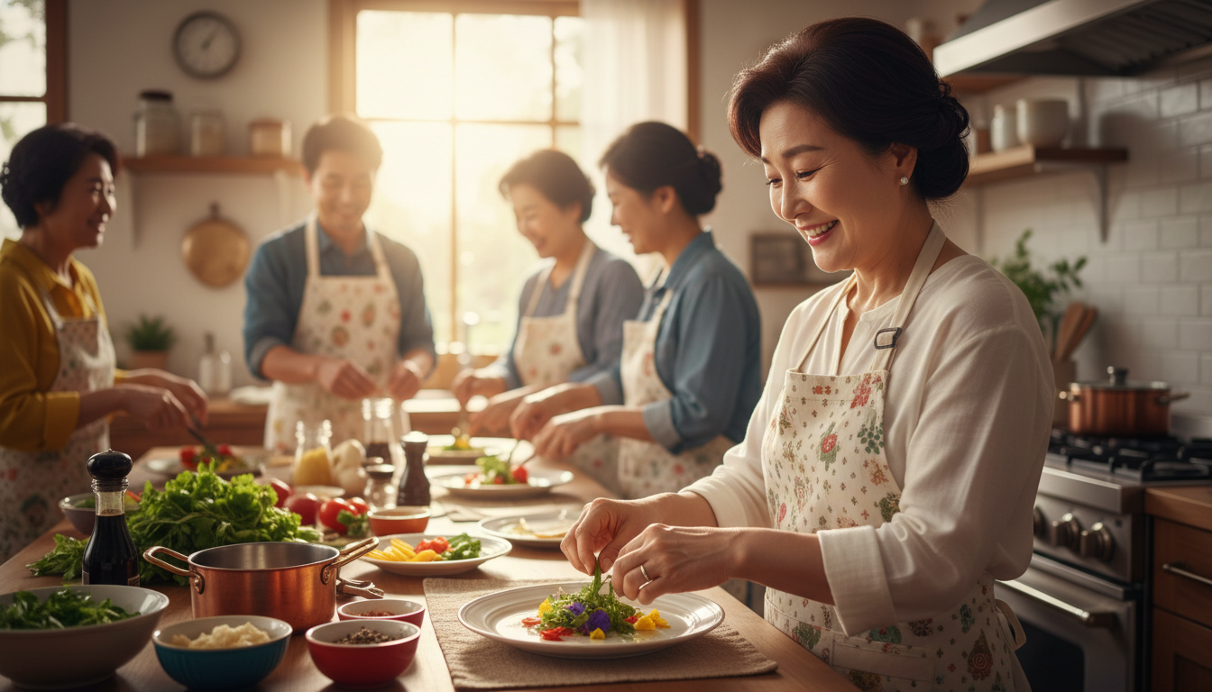 모던한 주방에서 요리 클래스를 들으며 밝게 웃고 있는 활기찬 60대 한국인 여성. 깨끗한 앞치마를 입고 요리를 장식하는 모습, 활기찬 노후와 재무적 자유 표현.
