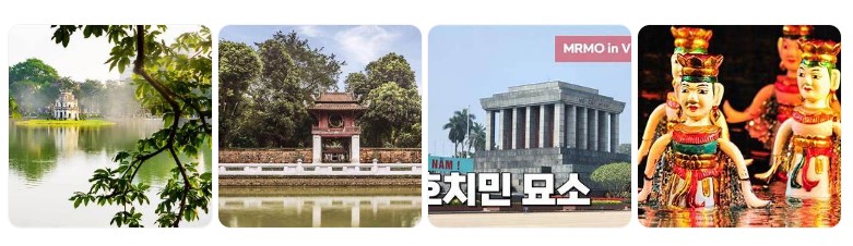하노이의 호안끼엠 호수, 문묘, 호치민 묘소, 전통 수상 인형극 등 베트남의 역사와 문화를 대표하는 명소 이미지