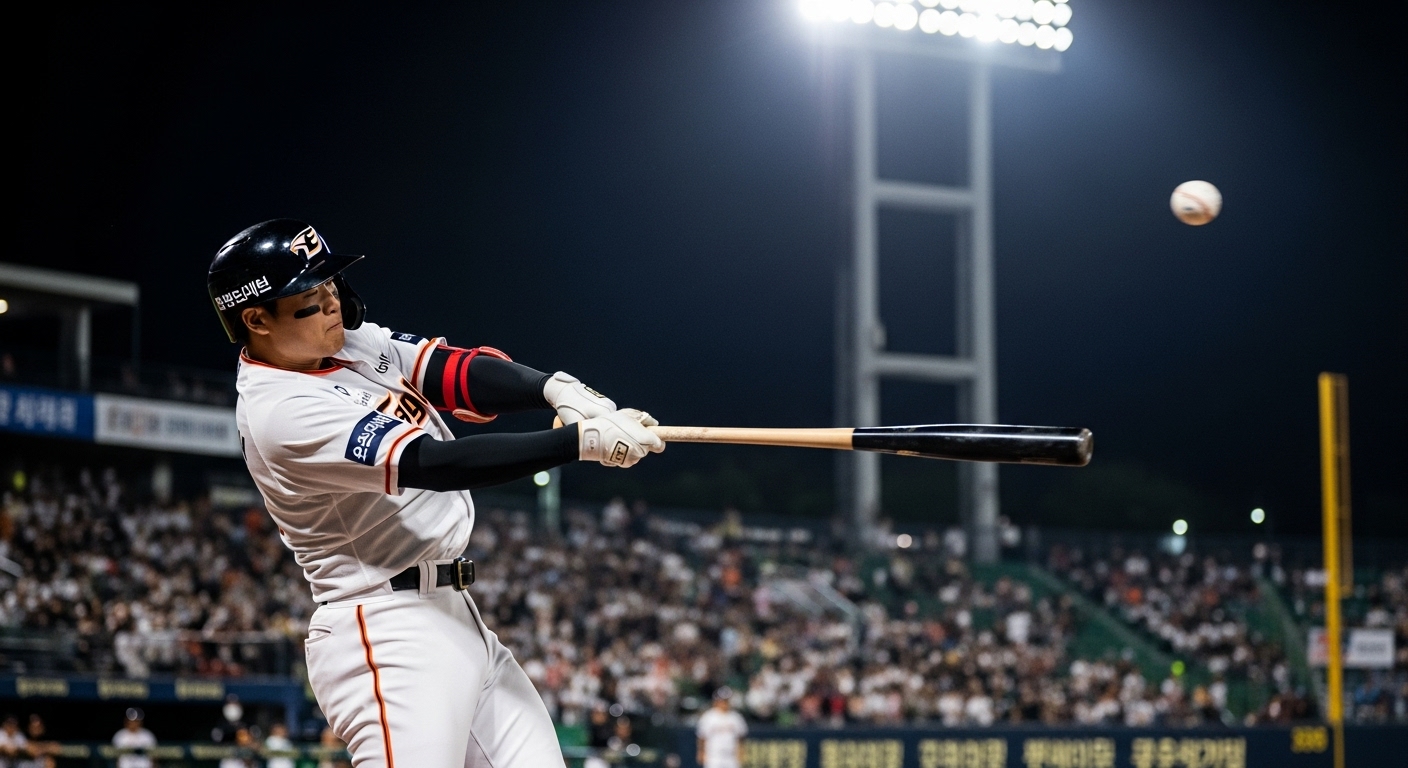 투수의 공을 힘껏 때려내는 타자의 역동적인 모습. 한화 이글스의 끈질긴 추격과 반격 의지를 보여준다.