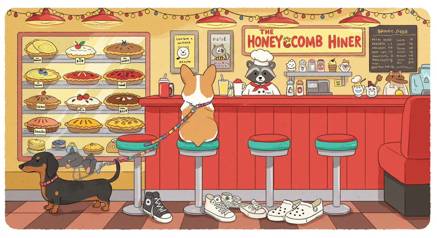 웰시코기와 닥스훈트가 식당에 있는 일러스트