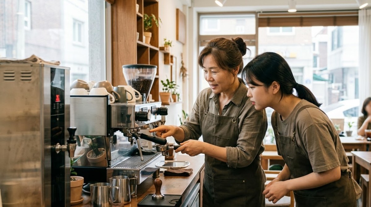 카페에서 새 직원에게 업무를 알려주는 사장님