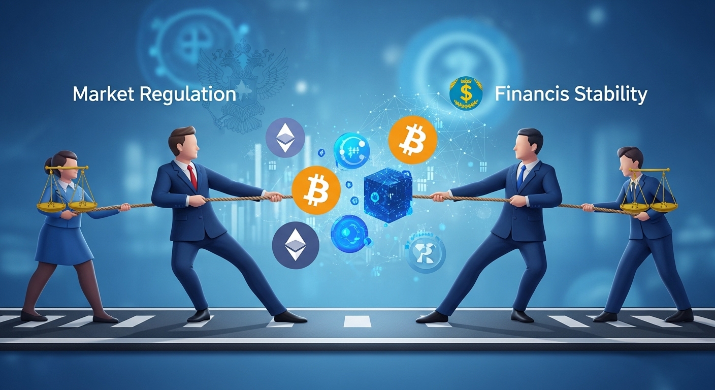 공정위와 금융위가 가상자산 규제 방향을 놓고 대립하는 모습을 은유적으로 표현한 이미지.