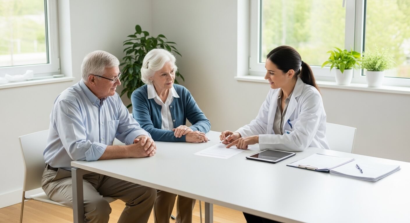 의사가 노부부에게 보건증 관련 서류를 설명하는 모습