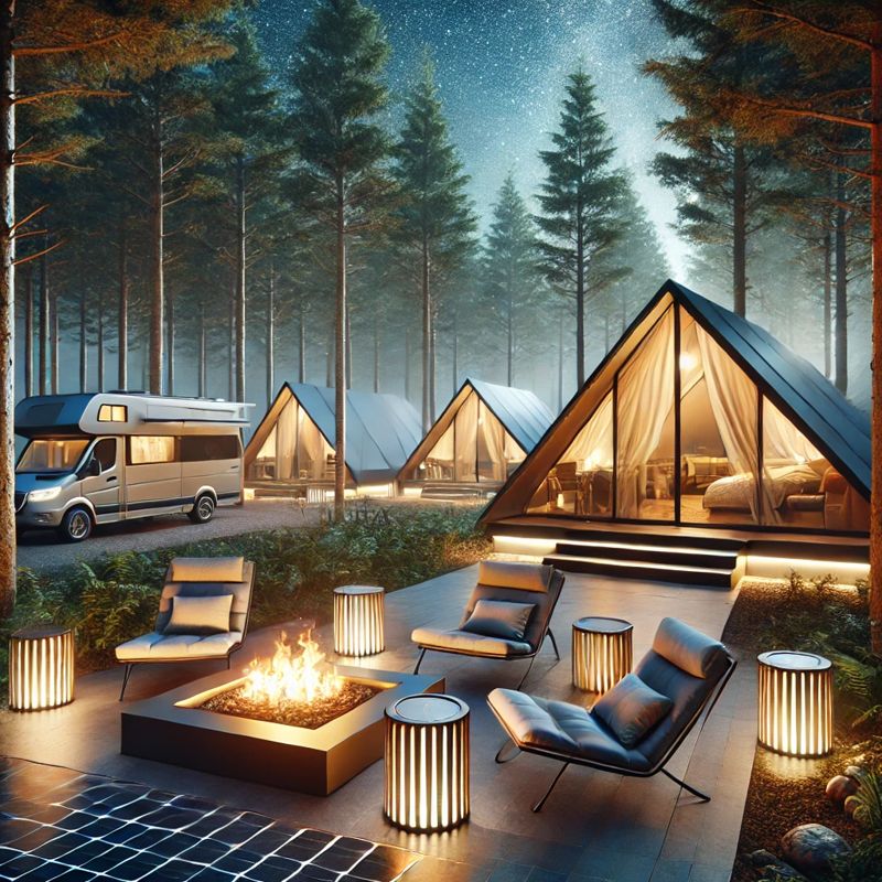 A modern forest campsite with sleek, high-tech tents featuring built-in LED lighting. 현대적인 캠핑장