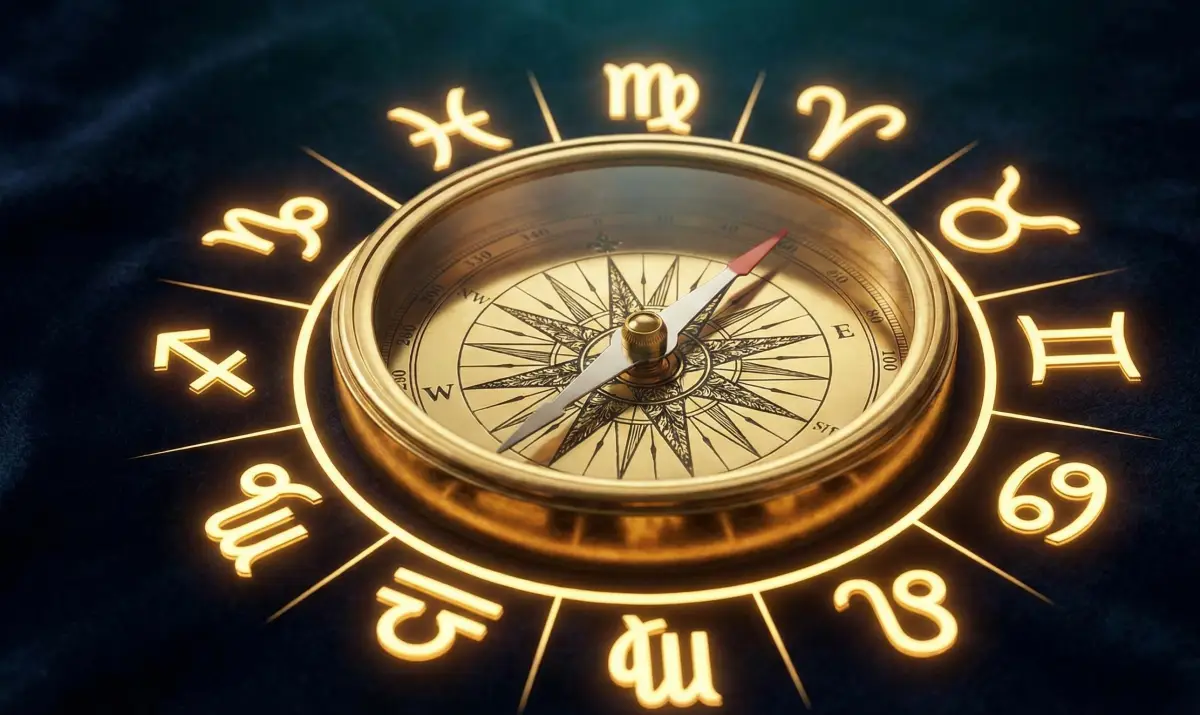 성공운을 가리키는 앤티크 황금 나침반과 신비로운 12월의 별자리 상징