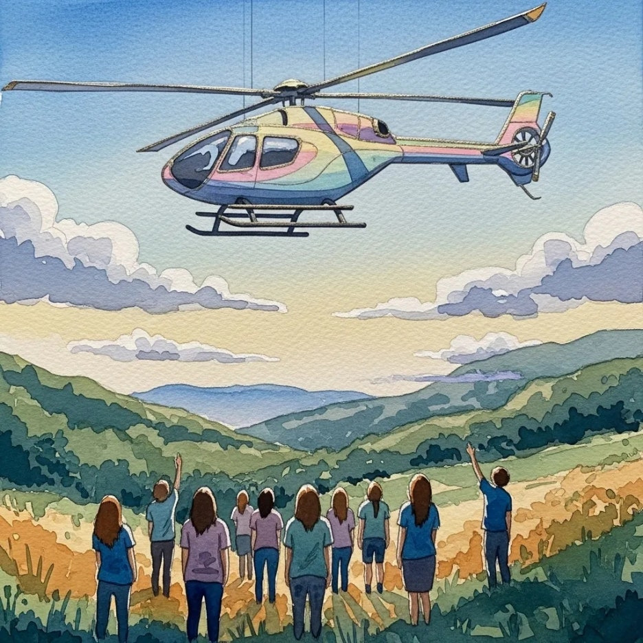 하늘을 올려다보는 사람들과 날아가는 헬기