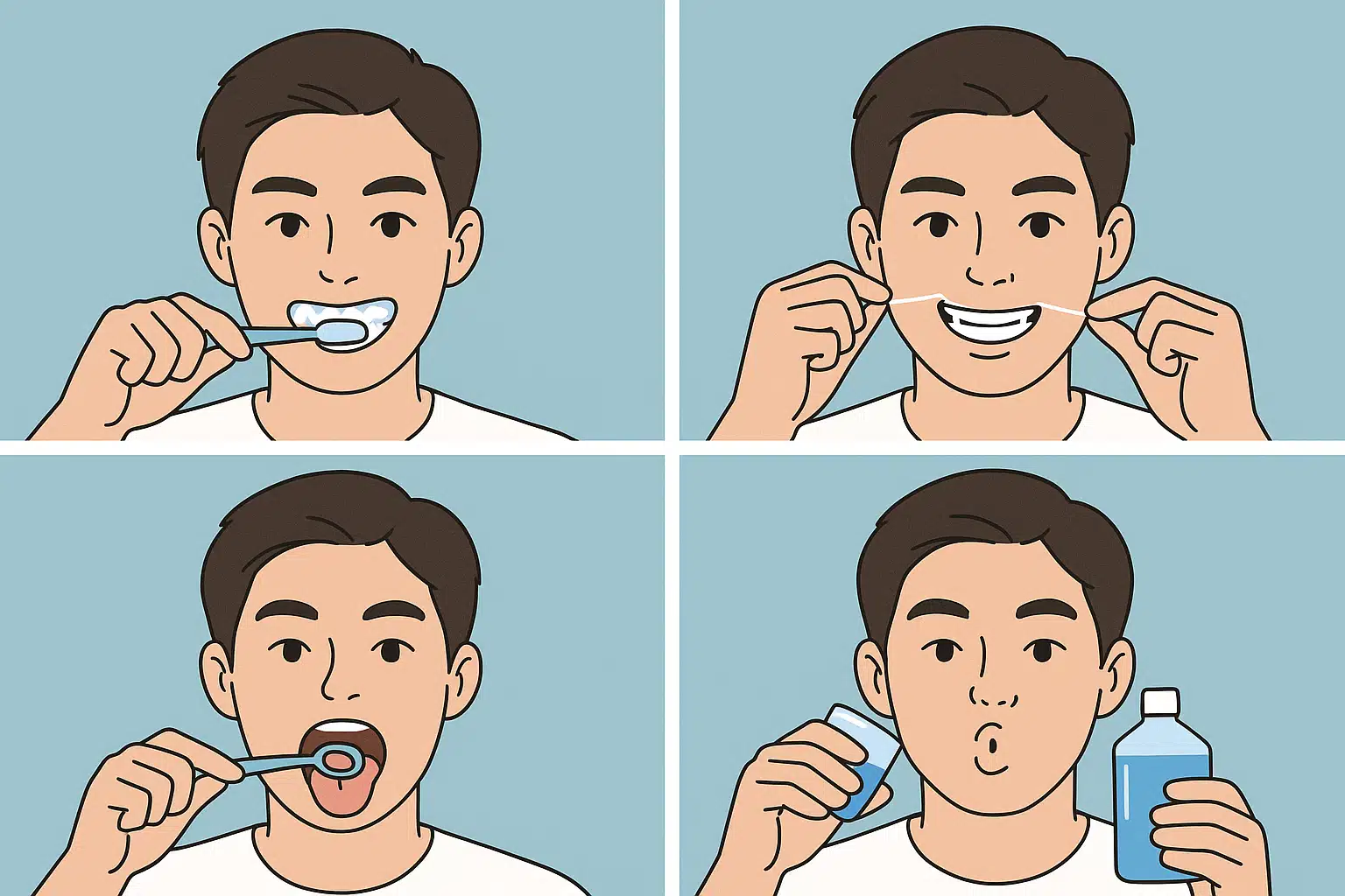 양치, 치실, 혀 클리너, 구강세정제 사용