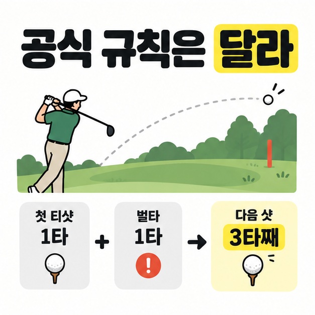 첫 티샷 1타와 벌타 1타를 더해 다음 샷이 3타째가 되는 공식 규칙의 타수 계산