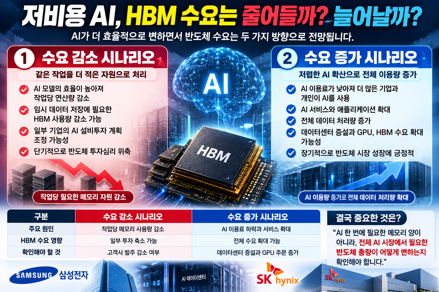 딥시크 저비용 AI 확산에 따른 삼성전자 SK하이닉스 HBM 반도체 수요 감소와 증가 시나리오 비교