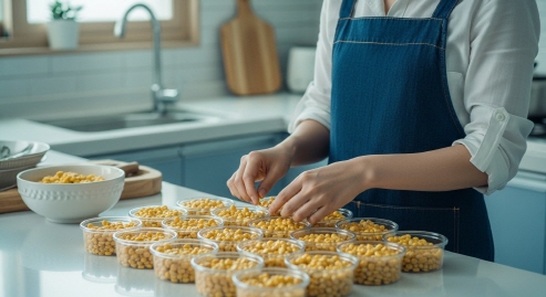 초당옥수수를 작은 보관통에 정리해 넣는 한국인의 손