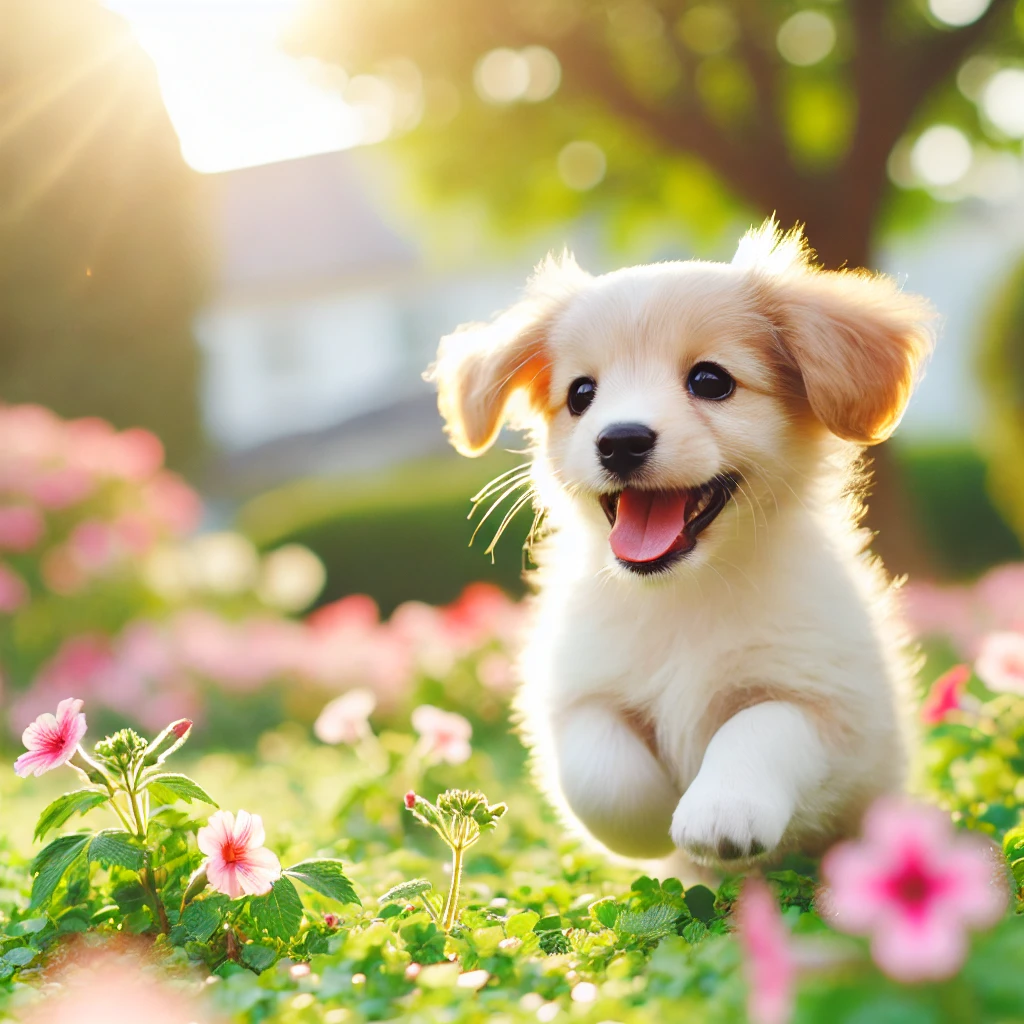 꽃밭을 뛰어다니는 새끼강아지