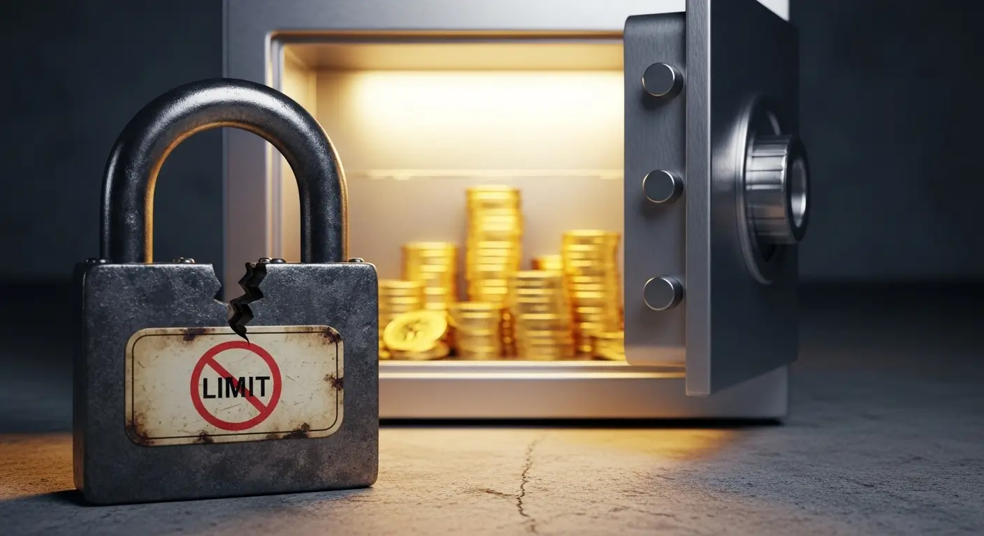 생활안정자금 대출의 한도 제한이 풀려 자물쇠가 열리고 금화가 쏟아지는 상징적인 이미지