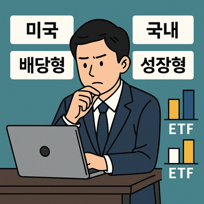 다양한 ETF 종목과 그래프 아이콘이 배경에 펼쳐진 가운데, 젊은 남성 투자자가 책상 앞에 앉아 종목을 비교하며 고민하는 모습을 담은 평면 스타일 디지털 일러스트. 복잡한 선택지 속에서 실전 포트폴리오 구성을 고민하는 상황을 시각적으로 표현함.