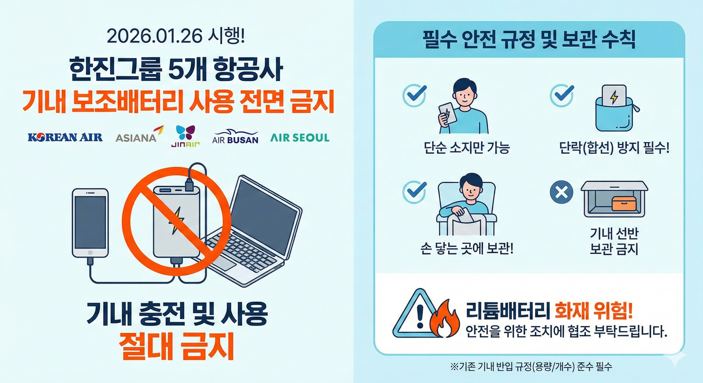2026년 대한항공&middot;아시아나 기내 보조배터리 사용 금지