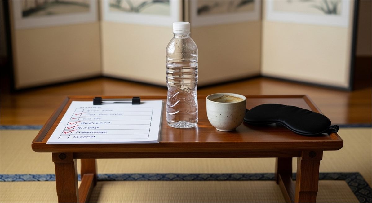 수면과 물 섭취, 카페인 조절을 상징하는 생활관리 장면