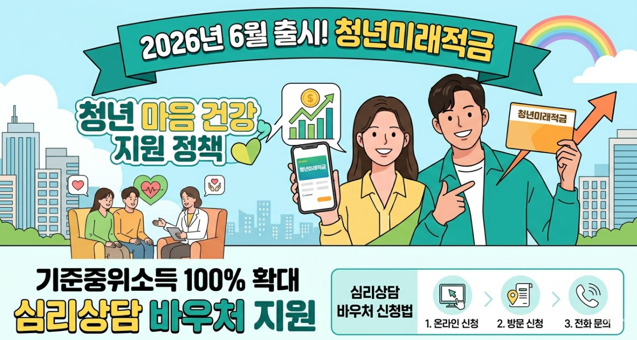 2026년 6월 출시 '청년미래적금' 마음건강 지원 정책, 기준중위소득 100% 확대에 따른 심리상담 바우처 신청법