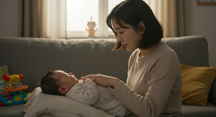 가족이 아기와 수면 루틴 만드는 장면