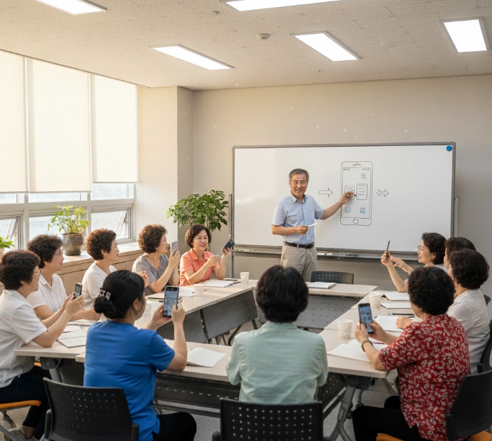시니어를 대상으로 스마트폰에서 강의를 하고 있는 장면